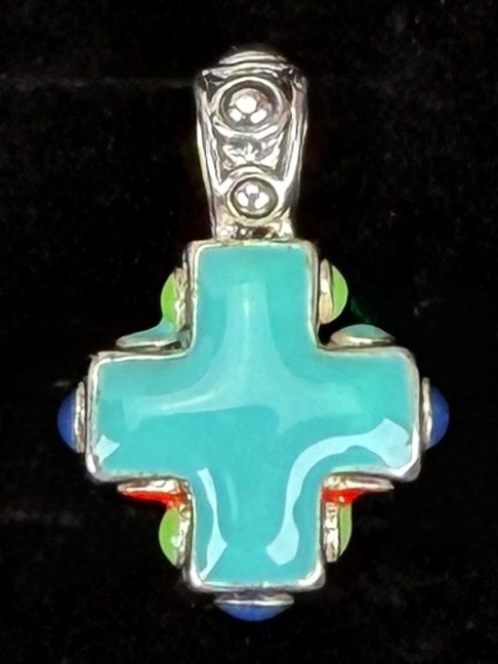 Vintage Faux Turquoise Blue Silvertone Cross Pendant - Picture 4 of 8